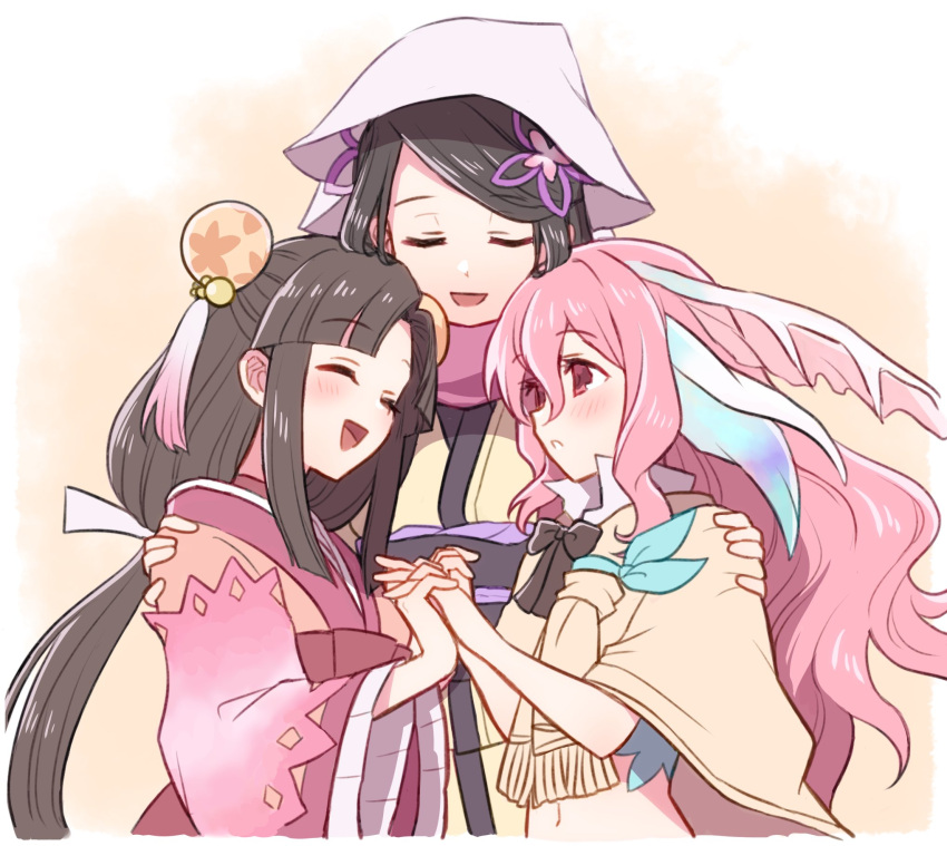 3girls :d ^_^ apo_518 black_bow black_hair blush bow capelet closed_eyes commentary_request fins flower hair_between_eyes hair_bun hair_flower hair_ornament hand_on_another's_shoulder head_fins highres holding_hands hug interlocked_fingers japanese_clothes kimono long_hair long_sleeves looking_at_another low-tied_long_hair multiple_girls navel obi open_mouth parted_bangs persia_(rune_factory) pink_hair pink_kimono purple_flower red_eyes rune_factory rune_factory_3 sakuya_(rune_factory) sash shinonome_(rune_factory) smile swept_bangs upper_body white_headwear wide_sleeves yellow_capelet yellow_kimono