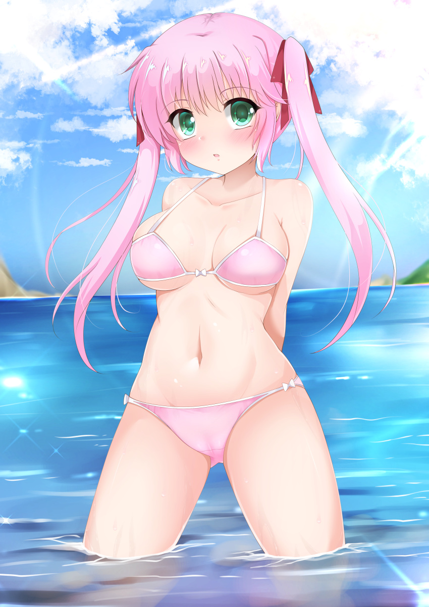 1girl absurdres arms_behind_back bare_shoulders bikini bikini_day blue_sky blush breasts cloud cloudy_sky collarbone commentary_request day green_eyes hair_ribbon highres horizon long_hair looking_at_viewer medium_breasts navel ocean original outdoors parted_lips pink_bikini pink_hair red_ribbon ribbon sky solo standing swimsuit twintails unico_kasumi very_long_hair water