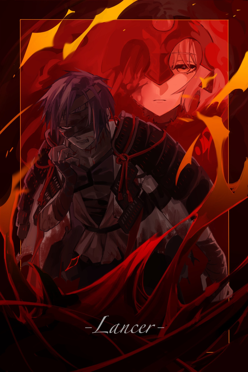 1boy 1girl armor bandage_over_one_eye bandages black_armor black_bandages black_hair chiemon_(fate) clenched_teeth closed_mouth fate/samurai_remnant fate_(series) fire fur_trim headpiece highres japanese_armor japanese_clothes jeanne_d'arc_alter_(fate) jeanne_d'arc_alter_(lancer)_(fate) looking_at_viewer multiple_scars omame_korokor one_eye_covered red_background red_eyes red_tassel rope_belt scar short_hair tassel teeth