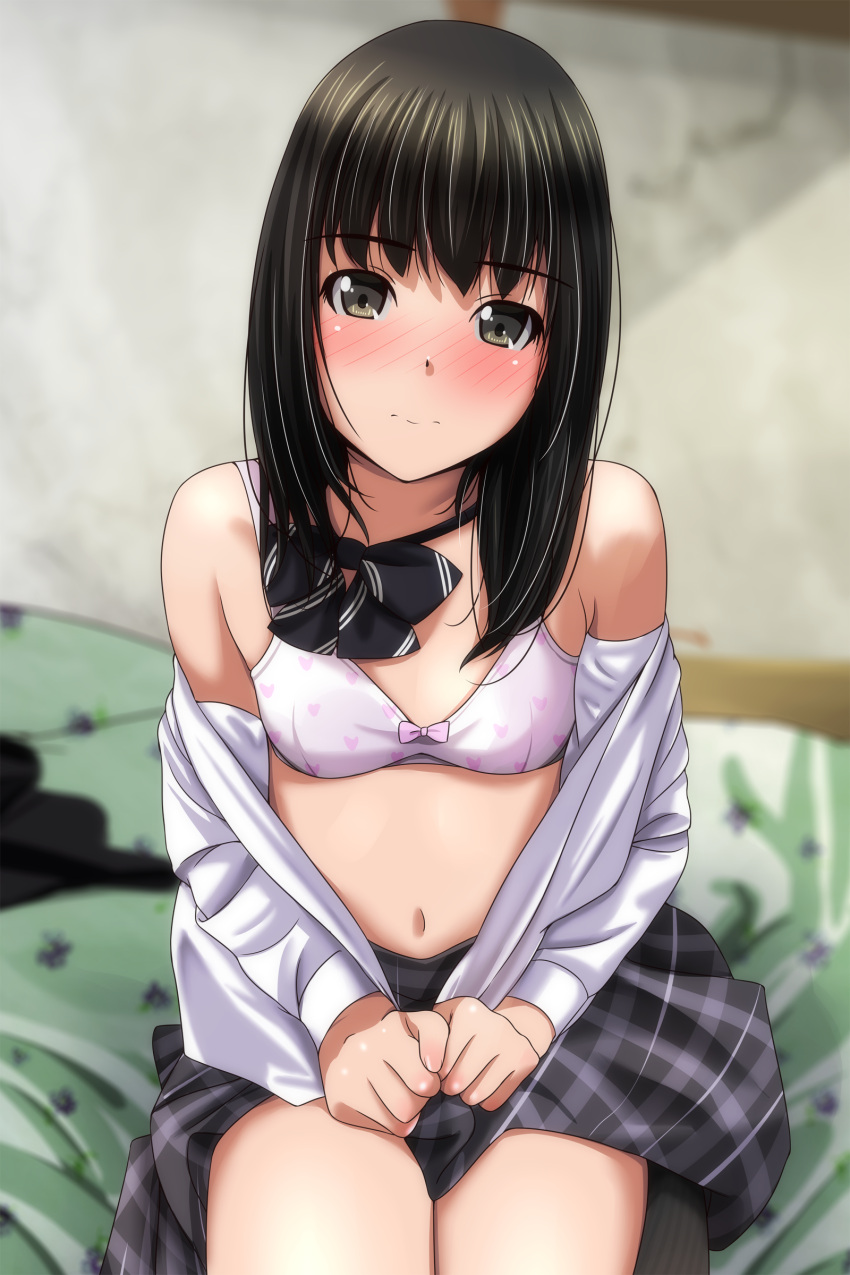 1girl absurdres black_hair blurry blurry_background blush bow bow_bra bra breasts brown_eyes closed_mouth depth_of_field grey_skirt head_tilt heart heart_bra heart_print highres long_sleeves looking_at_viewer matsunaga_kouyou navel nose_blush off_shoulder open_clothes open_shirt original plaid plaid_skirt print_bra shirt sitting skirt small_breasts solo underwear wavy_mouth white_bra white_shirt