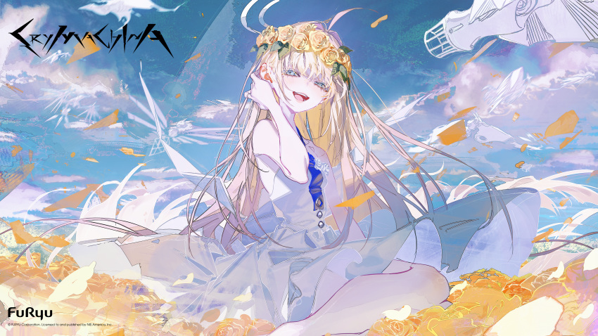 1girl absurdres ahoge artist_request bare_arms bare_legs bare_shoulders blonde_hair blue_eyes copyright_name crymachina dress dress_flower english_text enoa_(crymachina) flower flower_wreath highres leaf long_hair looking_at_viewer official_art official_wallpaper open_mouth rose science_fiction sky solo teeth upper_teeth_only white_dress white_flower white_rose yellow_flower yellow_rose