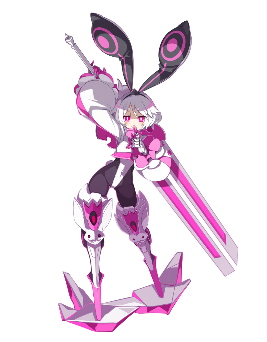 1girl animal_ears arm_up armored_boots blush boots bright_pupils disgaea disgaea_rpg finger_to_mouth full_body highres holding holding_sword holding_weapon huge_weapon long_sleeves looking_at_viewer non-web_source official_art photoshop_(medium) pink_eyes pink_theme rabbit_ears rabbit_tail short_hair smile solo standing sword tail transparent_background usalia_(disgaea) weapon white_hair