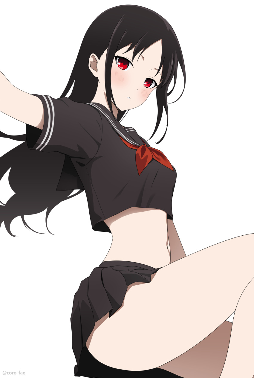 1girl alternate_costume arm_at_side black_hair black_sailor_collar black_skirt blush coro_fae highres kaguya-sama_wa_kokurasetai_~tensai-tachi_no_renai_zunousen~ long_hair looking_at_viewer midriff navel neckerchief outstretched_arm paid_reward_available parted_bangs parted_lips pleated_skirt red_eyes red_neckerchief sailor_collar school_uniform serafuku shinomiya_kaguya short_sleeves simple_background sitting skirt solo teeth thighs twitter_username white_background