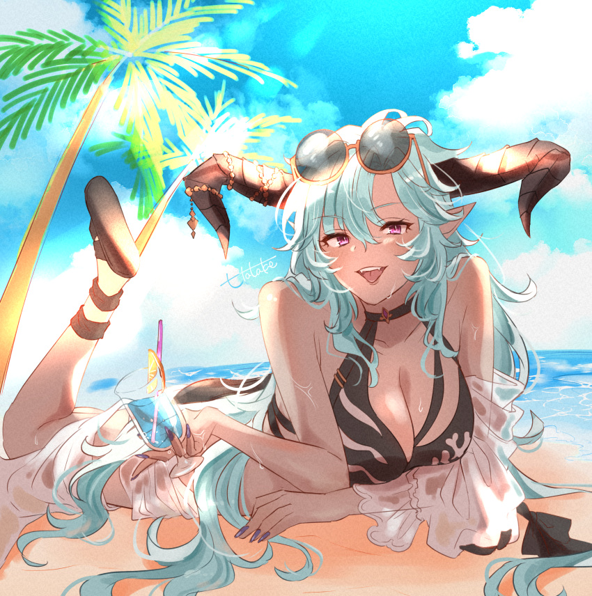 1girl :d absurdres bare_shoulders beach bikini black_bikini black_horns blue_sky breasts cleavage cloud collarbone cup curled_horns day draph eyewear_on_head fangs fediel_(granblue_fantasy) fingernails granblue_fantasy grey_hair hair_between_eyes hatake_oekaki highres holding holding_cup horns large_breasts long_fingernails long_hair looking_at_viewer lying nail_polish ocean on_stomach outdoors palm_tree pointy_ears purple_nails semi-rimless_eyewear signature sky smile solo sunglasses swimsuit tree under-rim_eyewear very_long_hair