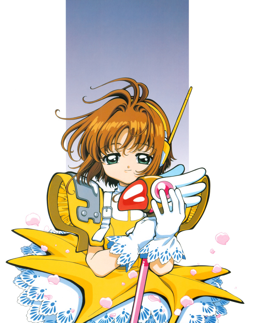 1girl absurdres brown_hair cardcaptor_sakura child dress gloves green_eyes highres holding holding_wand kinomoto_sakura looking_at_viewer magical_girl official_art scan shadow smile solo wand white_gloves yellow_dress