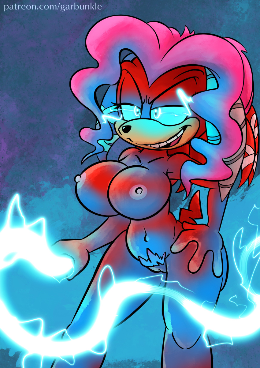 2023 absurd_res anthro archie_comics big_breasts breasts electricity female garbunkle genitals glowing glowing_eyes hand_on_hip hi_res holding_object holding_whip lien-da navel nipples pubes pussy sega smile solo sonic_the_hedgehog_(archie) sonic_the_hedgehog_(comics) sonic_the_hedgehog_(series) tail text url whip