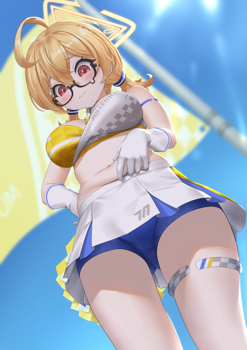 1girl ? absurdres ahoge armlet belly_grab black-framed_eyewear blonde_hair blue_archive blue_background blue_skirt blurry blurry_background blush braid breasts closed_mouth commentary cowboy_shot glasses gloves hair_between_eyes halo hand_on_own_stomach highres kotori_(blue_archive) kotori_(cheer_squad)_(blue_archive) large_breasts long_hair looking_down millennium_cheerleader_outfit_(blue_archive) navel pleated_skirt plump red_eyes semi-rimless_eyewear short_twintails skirt solo sunkilow teardrop-framed_glasses thick_thighs thighlet thighs triangle_halo twintails under-rim_eyewear white_gloves white_skirt yellow_halo