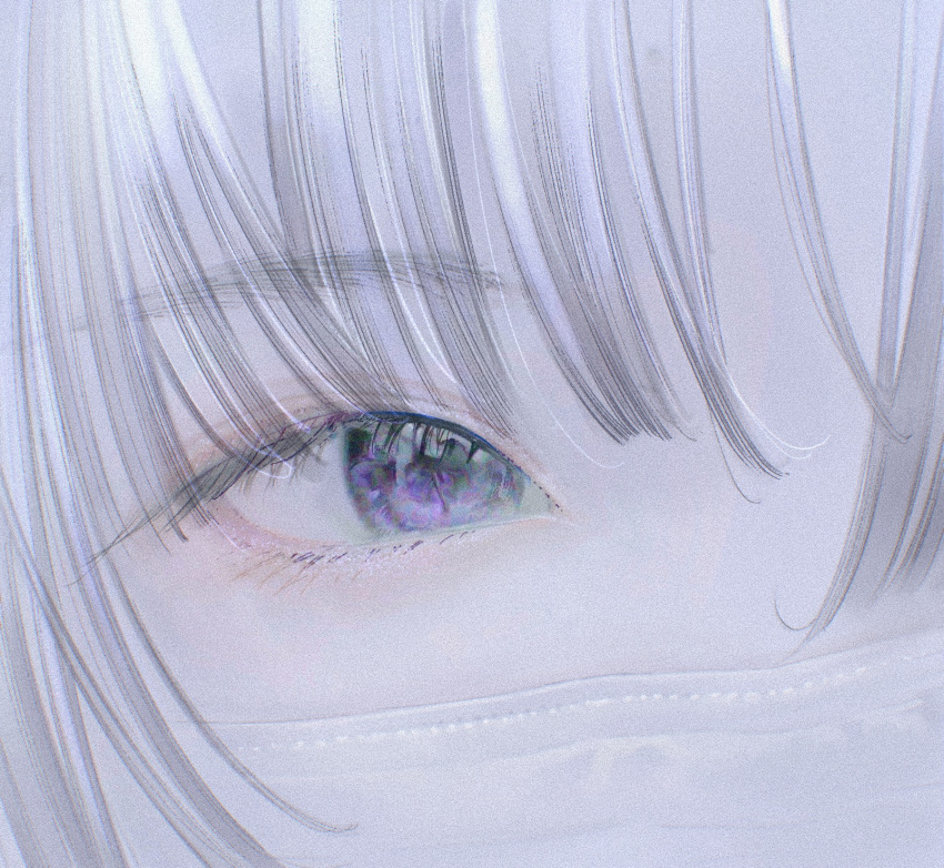 1girl close-up commentary eye_focus highres long_bangs mask mouth_mask original pale_skin purple_eyes solo surgical_mask toiku white_hair