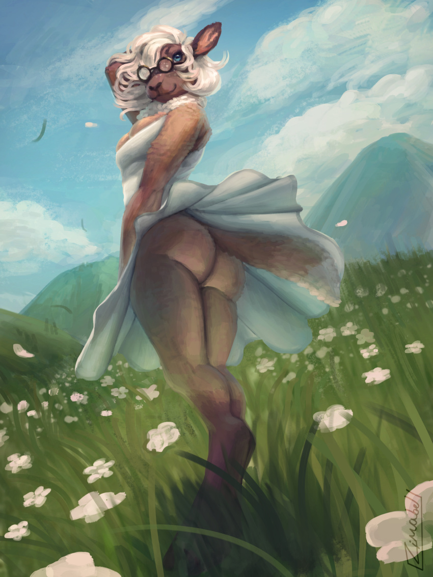 absurd_res anthro blue_eyes blue_sky bottomwear bovid breasts brown_body caprine cleavage cleavage_overflow clothed clothing cloud dress eyewear female field flower flower_field freckles fur glasses grass grassy_field hair hand_in_hair hi_res hill hooves looking_back looking_up mammal mountain petals plant raised_bottomwear raised_clothing raised_skirt sheep short_hair skirt sky smile solo sundress touching_hair upskirt white_clothing white_dress white_freckles white_hair wind wool_(fur) zimabel