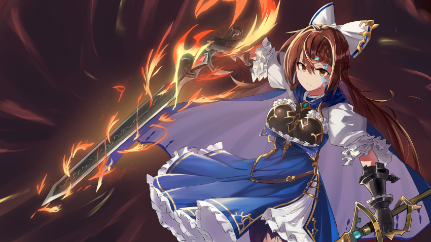 1girl belt black_gloves blue_cape blue_dress breasts brown_eyes brown_hair cape dress facial_mark fire frills gem gloves hair_between_eyes hair_ornament hair_ribbon highres hiyamastar holding holding_sword holding_weapon large_breasts long_hair looking_at_viewer maisha_laforge puffy_sleeves ribbon shadowverse smile solo swept_bangs sword thighhighs weapon