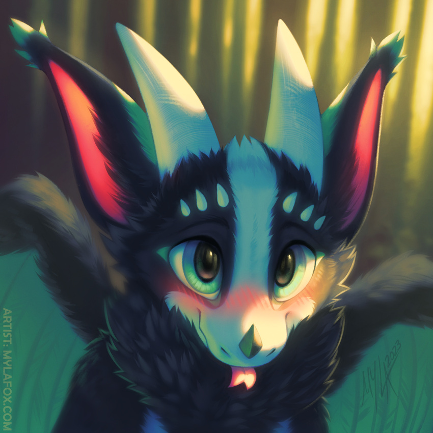 ambiguous_gender anthro big_eyes black_body black_fur blep blue_body blue_fur blue_horn blush bust_portrait feathered_wings feathers forked_tongue front_view fur glistening glistening_eyes green_body green_eyes green_feathers green_wings head_tuft hi_res horn mylafox portrait red_inner_ear red_tongue solo species_request tongue tongue_out tuft wings