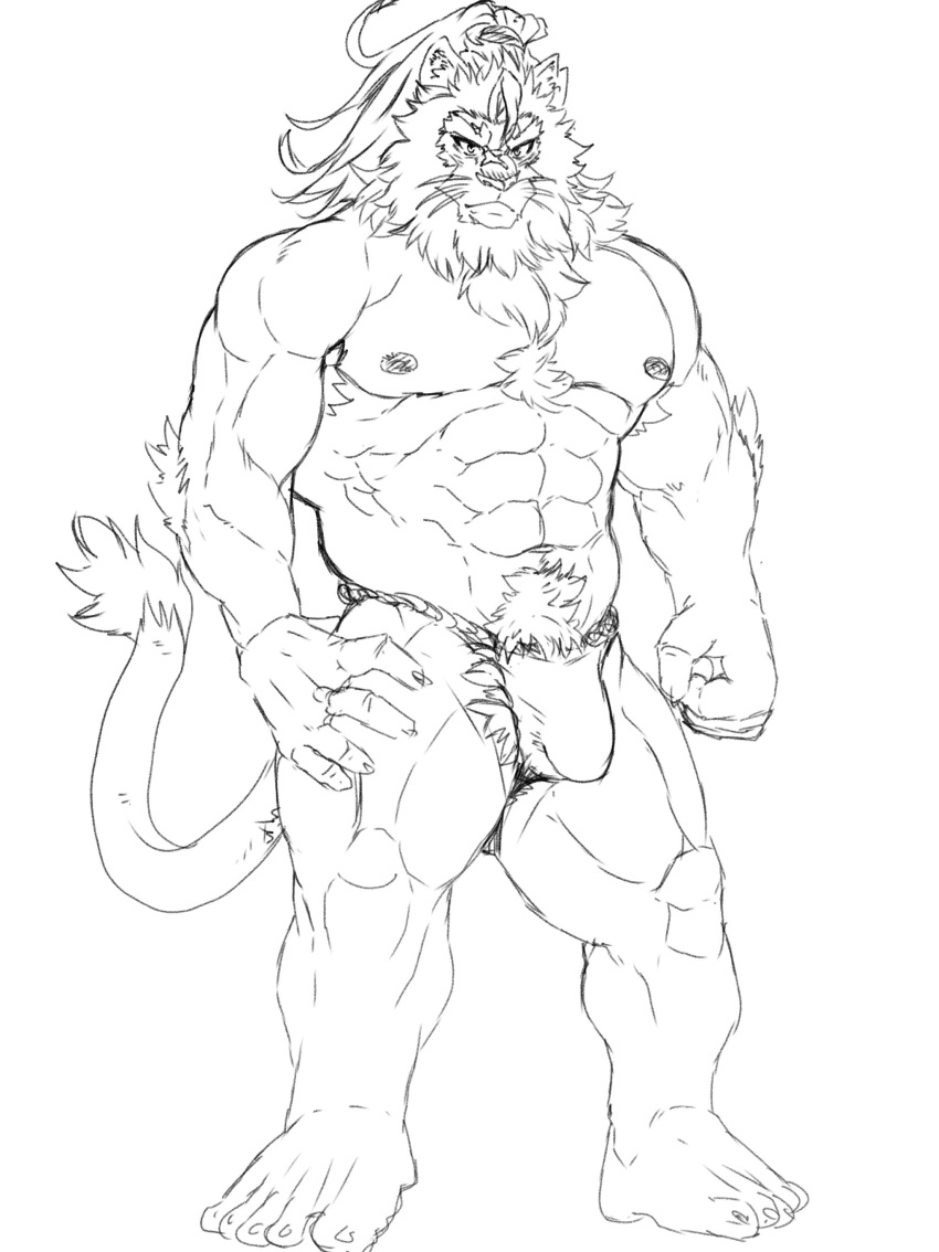 abs absurd_res anthro asian_clothing body_hair chest_hair clothing east_asian_clothing felid fu_ren_chi fundoshi hi_res japanese_clothing lifewonders lion live_a_hero male mammal muscular muscular_anthro muscular_male nipples pantherine pecs pubes solo tail toshu underwear