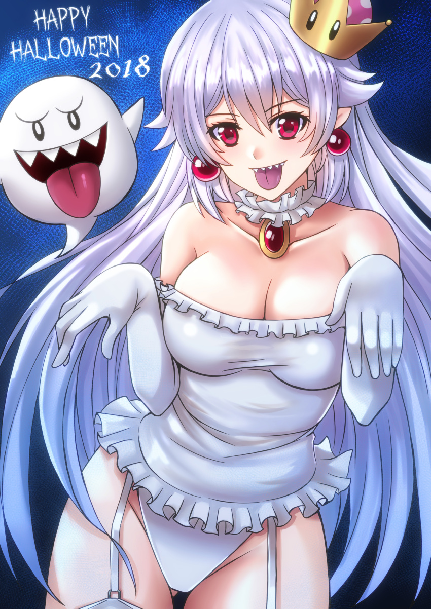 1girl absurdres boo_(mario) breasts cleavage crown dated dress elbow_gloves gloves hair_between_eyes halloween happy_halloween highres long_hair looking_at_viewer mario_(series) new_super_mario_bros._u_deluxe open_mouth personification princess_king_boo sawwei005 sharp_teeth smile solo super_crown teeth tongue tongue_out white_dress white_gloves