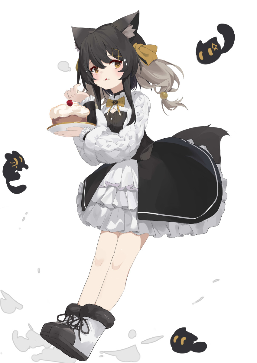 1girl :q absurdres animal_ear_fluff animal_ears ayaha_4780828 black_choker black_hair black_skirt black_vest boots borrowed_character cat_ears cat_girl cat_tail cherry choker cream cream_on_face dress food food_on_face fruit full_body fur-trimmed_boots fur_trim highres light_brown_hair long_hair multicolored_hair original overskirt plate simple_background skirt tail tongue tongue_out two-tone_hair vest white_background white_dress yellow_eyes