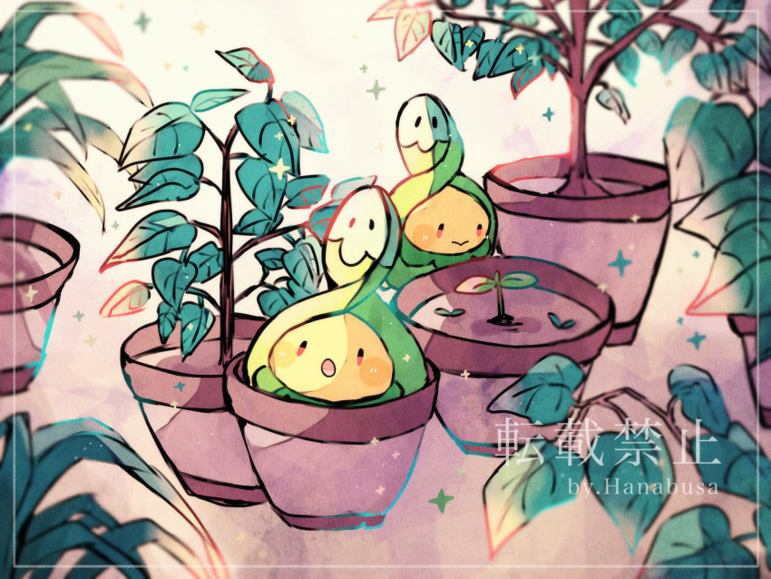 :o animal_focus artist_name border branch budew commentary_request flower_pot hanabusaoekaki highres leaf no_humans plant pokemon pokemon_(creature) potted_plant red_eyes solid_oval_eyes sparkle sprout white_border