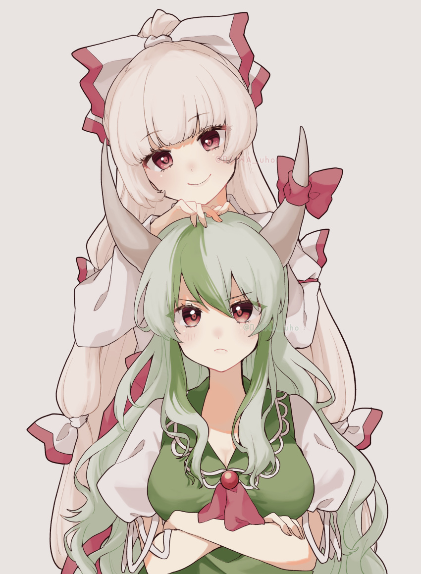 2girls absurdres bow closed_mouth crossed_arms daiwa_uho dress ex-keine frown fujiwara_no_mokou green_dress green_hair hair_bow hands_on_another's_head head_tilt highres horn_bow horn_ornament horns kamishirasawa_keine long_hair long_sleeves looking_at_viewer multiple_girls pants red_bow red_eyes red_pants shirt short_sleeves simple_background smile touhou very_long_hair white_bow white_shirt