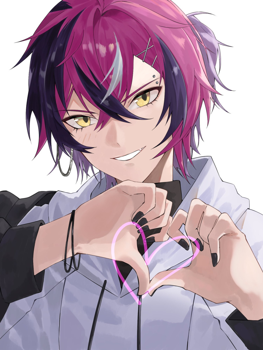 1boy black_hair black_nails bracelet doppio_dropscythe fang grin half_updo heart heart_hands highres hood hoodie jewelry konchi_(63438789) male_focus multicolored_hair nijisanji nijisanji_en purple_hair skin_fang smile solo streaked_hair virtual_youtuber white_hair white_hoodie