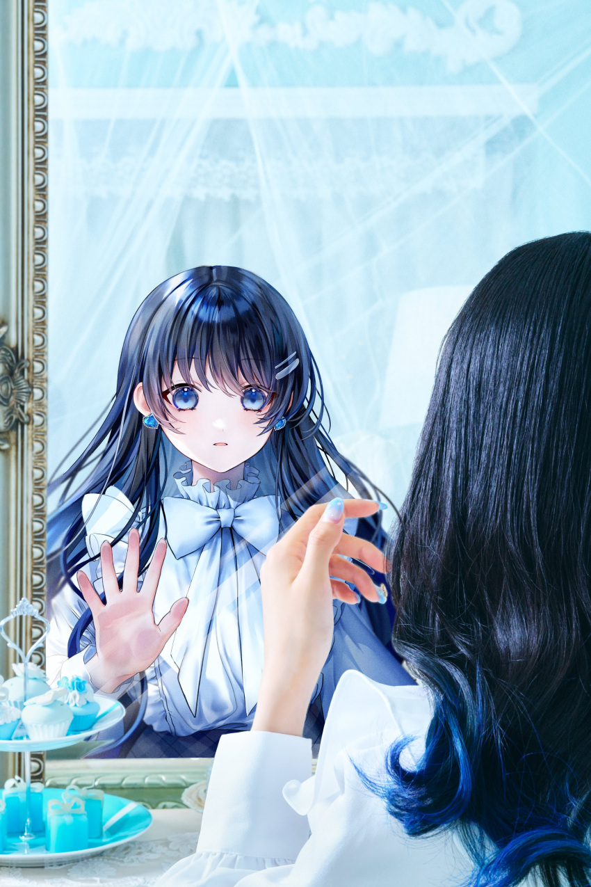 1girl absurdres black_hair blue_eyes blue_gemstone blue_hair blue_nails bow box curtains different_reflection dress earrings food frilled_shirt frilled_shirt_collar frills gem gift gift_box hair_ornament hairclip hand_on_mirror heart heart_earrings highres indie_virtual_youtuber jewelry long_hair looking_at_mirror mirror muffin multicolored_hair nanami_urara_(vtuber) nekoyama_iori photo_(medium) plaid plaid_skirt reflection second-party_source shirt sidelocks skirt solo streaked_hair swept_bangs table vanity_table white_bow white_dress