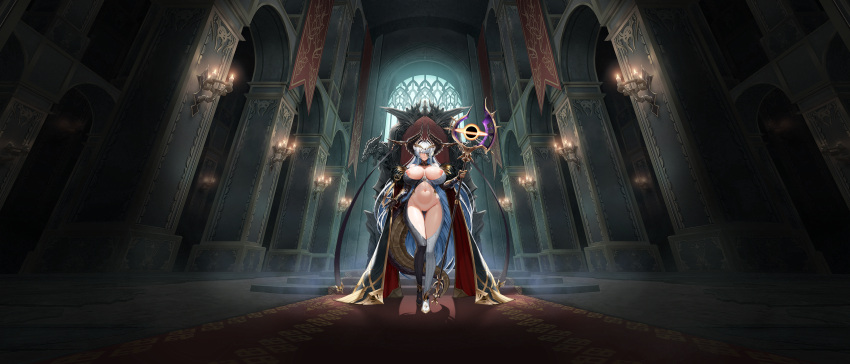 1girl absurdres arch architecture areola_slip armored_gloves ass_visible_through_thighs banner bare_shoulders black_cape black_collar black_feathers black_gloves black_hole black_horns black_scales black_unitard blind_princess_(last_origin) braid breasts breasts_apart candle candlelight candlestand cape center_opening collar crotch_plate crown_braid detached_collar detached_sleeves dragon_horns dragon_tail dragon_wings eyepatch fake_horns fake_tail feather-trimmed_cape feather_collar feathers full_body gem gloves gold_trim hair_ornament highres holding holding_staff horn_ornament horns huge_breasts huge_horns indoors last_origin linea_alba long_hair looking_at_viewer low_neckline mage_staff mr.yun multiple_horns navel nipples official_alternate_costume official_art one_eye_covered parted_lips pendant_collar pillar red_cape red_carpet red_gemstone ribbed_sleeves ribbed_unitard sculpture solo spikes staff stairs standing stomach stone_floor stone_stairs stone_wall tachi-e tail thick_thighs thigh_gap thighs third-party_source throne throne_room tiara two-tone_cape two-tone_unitard unitard very_long_hair wall white_eyes white_hair white_unitard wide_shot wings