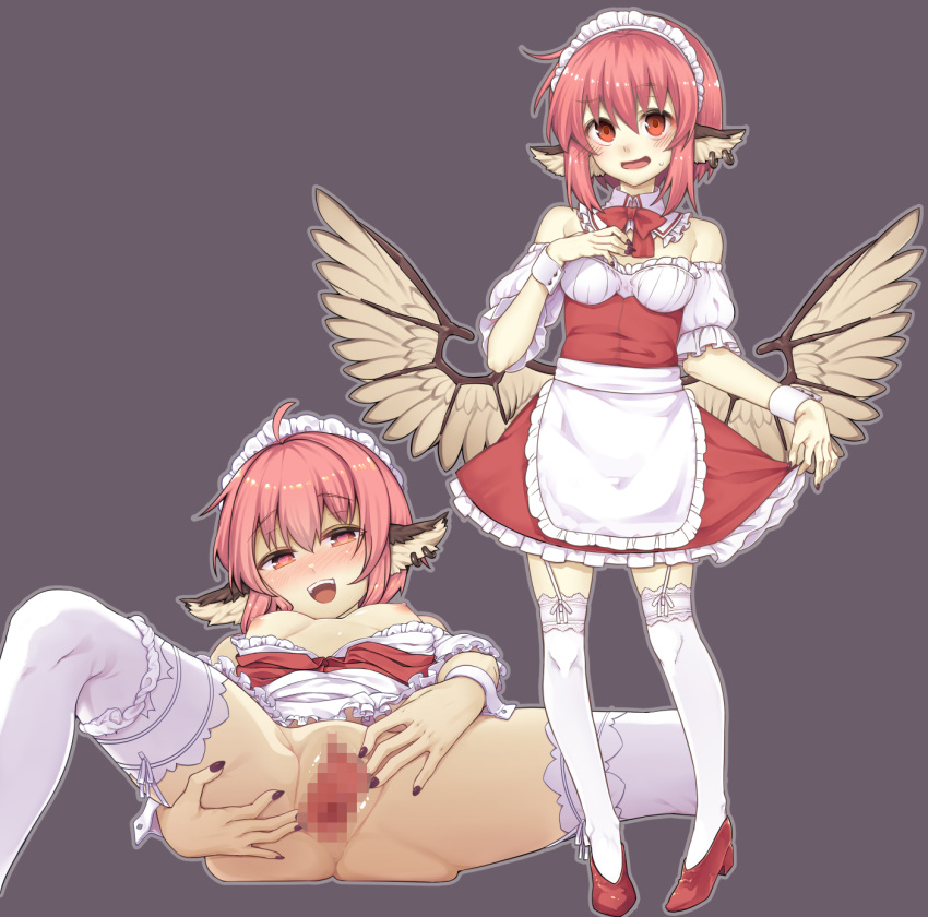 1girl alternate_costume animal_ears apron bird_ears bird_wings blush brown_nails commission detached_collar dress earrings enmaided feathered_wings fingernails full_body gloves hair_between_eyes high_heels highres jewelry maid maid_apron maid_headdress multiple_views mystia_lorelei nail_polish open_mouth pink_hair red_dress red_eyes red_footwear shamo_(koumakantv) short_hair single_earring skeb_commission touhou waist_apron white_apron white_gloves white_wings wings wrist_cuffs