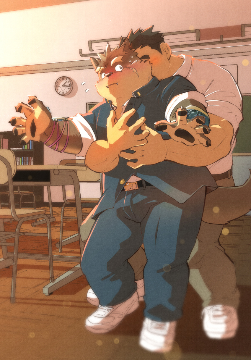 2boys animal_ears bara blush brown_fur bulge classroom desk dog_boy dog_ears fangs flying_sweatdrops furry furry_male furry_with_non-furry gakuran highres hug hug_from_behind interspecies inutora08 male_focus moritaka_(housamo) multiple_boys muscular muscular_male outstretched_arms plump protagonist_3_(housamo) school_desk school_uniform shirt shoes short_hair shy sideburns smile sneakers standing surprise_hug thick_eyebrows tokyo_afterschool_summoners wavy_mouth yaoi