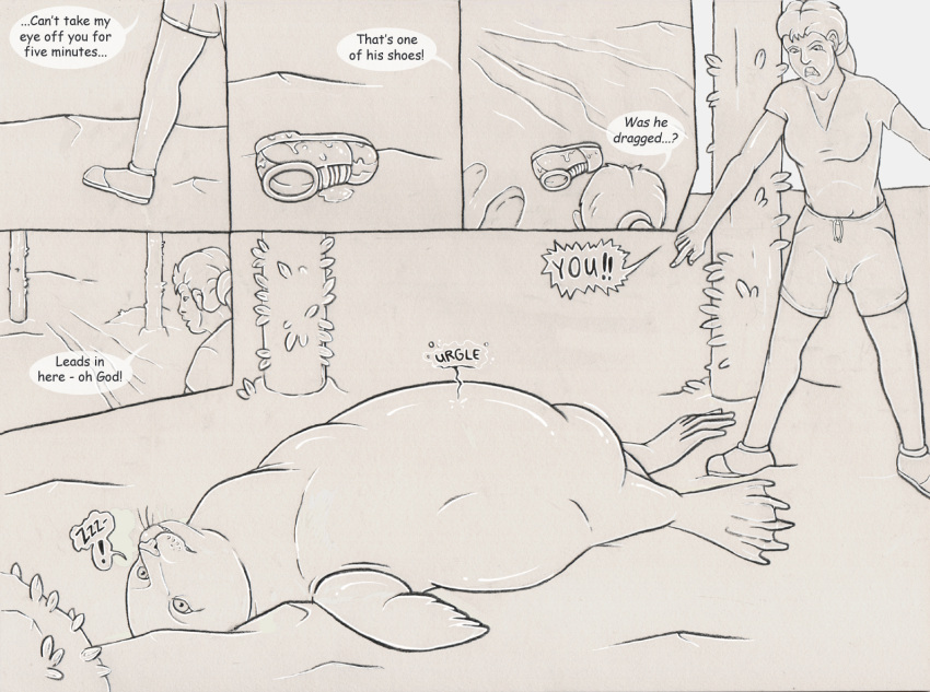2019 abdominal_bulge after_vore ambiguous_gender ambiguous_pred ambiguous_prey biped bodily_fluids body_outline breasts clothed clothing death dialogue digestion_noises discarded_footwear duo english_text female feral feral_pred fully_clothed human lying mammal marine membrane_(anatomy) on_back pinniped saliva sand seal sleeping snout sound_effects speech_bubble strega text vore vowelless vowelless_sound_effect webbed_feet webbed_hands whiskers zzz