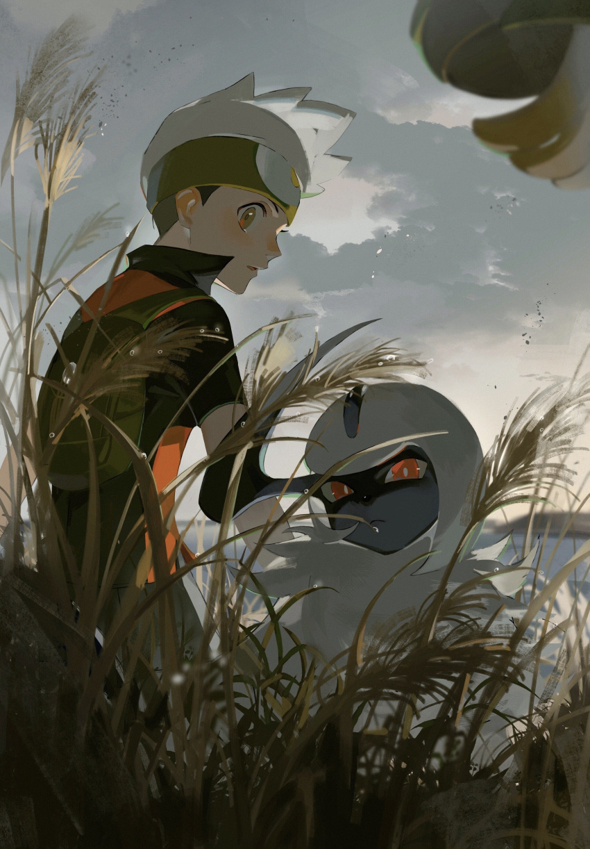 1boy absol absurdres backpack bag beanie black_headwear blue_sky brendan_(pokemon) cloud grass green_background hat highres looking_at_viewer male_focus outdoors parted_lips pokemon pokemon_(game) pokemon_rse red_eyes short_sleeves sky tokeru tropius water_drop