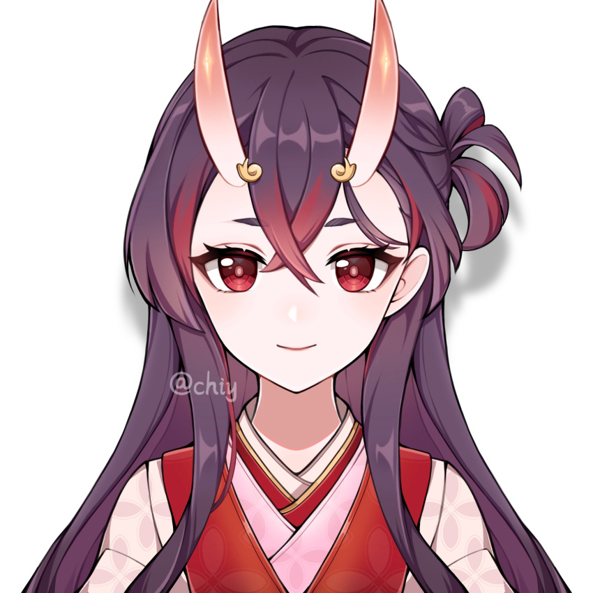 1girl chinese_commentary chishahaone chiyo_(genshin_impact) commentary_request genshin_impact gradient_hair highres horns japanese_clothes long_hair looking_at_viewer multicolored_hair official_style one_side_up oni oni_horns purple_hair red_eyes red_hair short_eyebrows skin-covered_horns solo