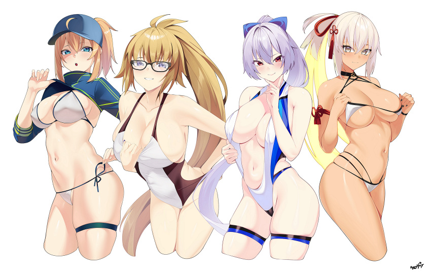 4girls adjusting_clothes adjusting_swimsuit ahoge artoria_pendragon_(fate) bare_shoulders baseball_cap bikini blonde_hair blue_bow blue_eyes blue_hair blue_headwear blue_jacket blush bow breasts cleavage collarbone contrapposto cropped_jacket cropped_legs dark-skinned_female dark_skin fate/grand_order fate_(series) grey_eyes grin hair_between_eyes hair_bow hair_intakes hair_through_headwear halterneck hat high_ponytail highleg highleg_swimsuit highres jacket jeanne_d'arc_(fate) jeanne_d'arc_(swimsuit_archer)_(fate) jeanne_d'arc_(swimsuit_archer)_(second_ascension)_(fate) kurozawa_yui large_breasts long_hair long_sleeves looking_at_viewer multiple_girls mysterious_heroine_xx_(fate) navel okita_souji_(fate) okita_souji_alter_(swimsuit_saber)_(fate) one-piece_swimsuit open_mouth ponytail red_eyes shrug_(clothing) sideboob sidelocks simple_background skindentation smile stomach swimsuit tassel thigh_strap thighs tomoe_gozen_(fate) tomoe_gozen_(swimsuit_saber)_(fate) tsurime underboob very_long_hair white_background white_bikini white_hair wristband