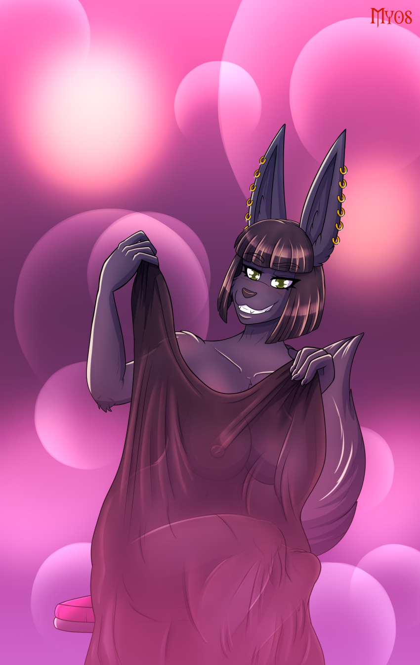 2023 5_fingers absurd_res anthro anubian_jackal big_breasts black_body black_fur black_hair black_nose breasts canid canine canis claws ear_piercing ear_ring fangs female finger_claws fingers fur grin hair hi_res humanoid_hands jackal mammal myos_(artist) nightshade_(kadath) nipples nude piercing ring_piercing signature sitting smile solo teasing teeth translucent