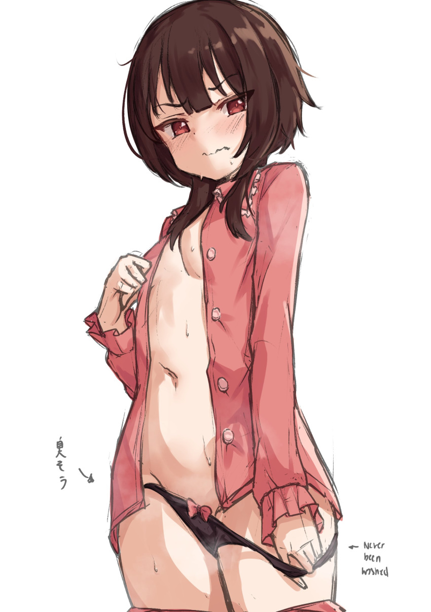 1girl absurdres black_panties blush breasts brown_hair closed_mouth cowboy_shot english_text frilled_sleeves frills gueya hand_up highres kono_subarashii_sekai_ni_shukufuku_wo! long_hair long_sleeves looking_at_viewer megumin navel official_alternate_costume panties panty_pull pink_shirt pulled_by_self red_eyes shirt sidelocks simple_background sketch sleepwear small_breasts smell solo steaming_body thighs unbuttoned underwear undressing v-shaped_eyebrows wavy_mouth white_background
