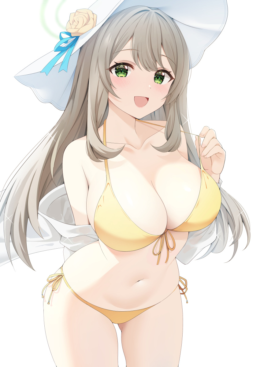 1girl :d absurdres arm_behind_back bikini blue_archive blush breasts flower green_eyes halo hat hat_flower highres large_breasts leaning_forward light_brown_hair navel nonomi_(blue_archive) nonomi_(swimsuit)_(blue_archive) open_mouth rei_(ilust9999) rose simple_background smile solo stomach sun_hat swimsuit white_background yellow_bikini yellow_flower yellow_rose
