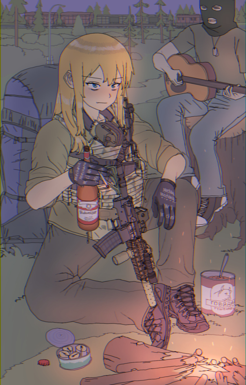 1girl alcohol ar-15 backpack bag balaclava beans beer blonde_hair blue_eyes boots budweiser campfire cigarette denim dog_tags escape_from_tarkov forest fukufaku guitar gun headset highres instrument jeans long_hair nature night pants plate_carrier rifle shoes smoking sneakers solo spoon train tree_stump weapon