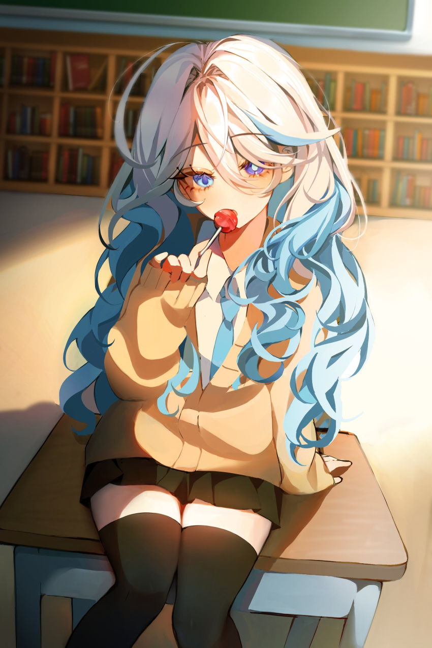 1girl absurdres black_skirt black_thighhighs blue_eyes blue_hair blue_necktie book bookshelf candy chalkboard collared_shirt day desk food furina_(genshin_impact) genshin_impact highres holding holding_candy holding_food holding_lollipop indoors li_nauu lollipop long_hair looking_at_viewer multicolored_hair necktie on_desk pleated_skirt school school_desk school_uniform shirt sitting sitting_on_desk skirt solo sweater thighhighs white_hair white_shirt yellow_sweater