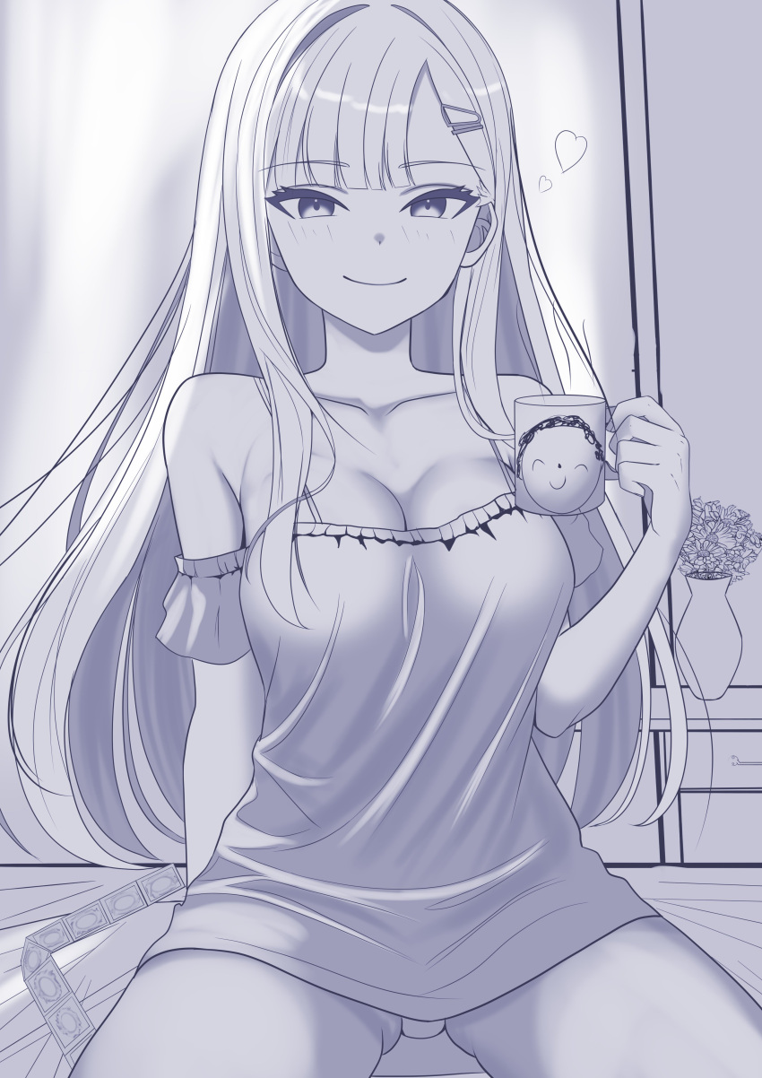 absurdres arona's_sensei_doodle_(blue_archive) bed_sheet blue_archive blush breasts coffee_cup condom condom_packet_strip condom_wrapper cup disposable_cup english_commentary hair_ornament hairpin highres holding holding_cup ichika_(blue_archive) large_breasts long_hair naughty_face nightgown seductive_smile sensei_(blue_archive) shorts smile thick_thighs thighs vase very_long_hair xueli_shimazaki