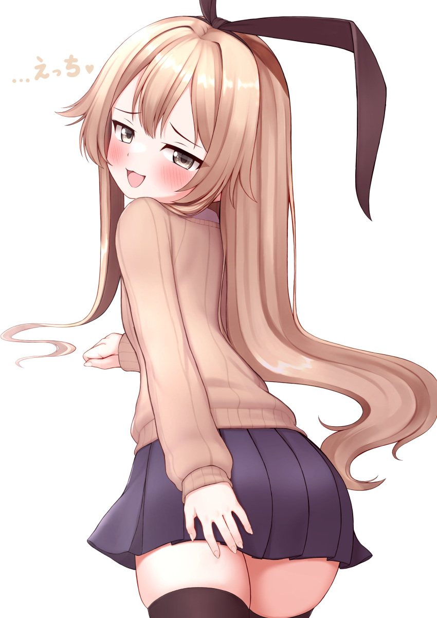 1girl absurdres ass black_skirt black_thighhighs blonde_hair blush cowboy_shot from_behind hair_between_eyes highres kantai_collection long_hair long_sleeves looking_at_viewer open_mouth pleated_skirt ribbed_sweater shimakaze_(kancolle) simple_background skirt smile solo sweater thighhighs tiemu_(man190) underwear white_background yellow_eyes yellow_sweater