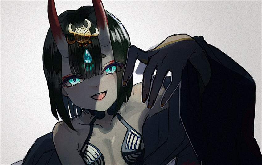 1girl aqua_eyes bare_shoulders black_hair bob_cut breasts eyeliner fate/grand_order fate_(series) fingernails gem grey_background hand_up headpiece horns isagiyo japanese_clothes kimono long_fingernails makeup off_shoulder oni oni_horns open_mouth revealing_clothes shadow short_eyebrows short_hair shuten_douji_(fate) skin-covered_horns small_breasts smile solo tongue upper_body