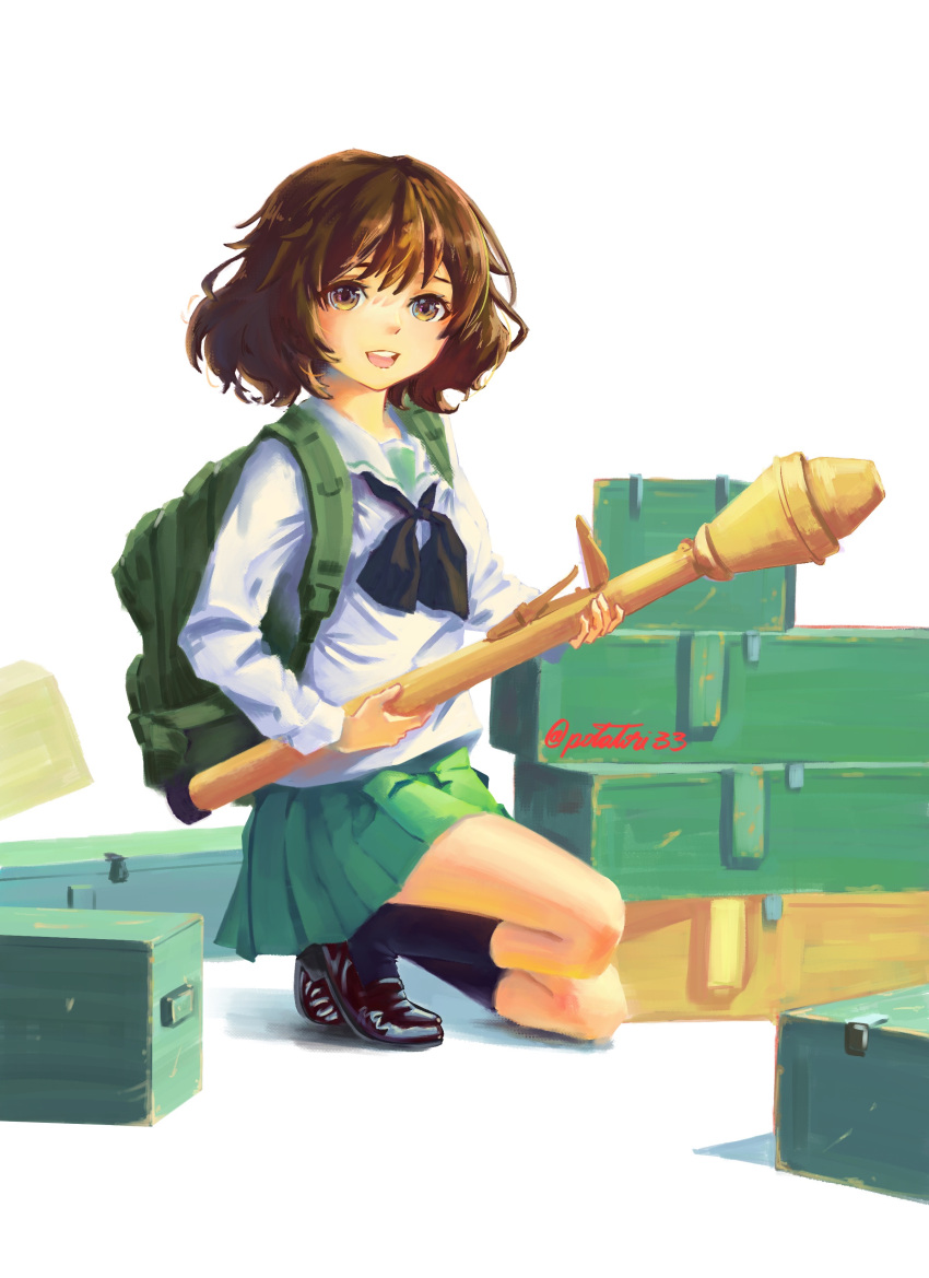 1girl absurdres akiyama_yukari ammunition_box backpack bag black_neckerchief black_socks blouse brown_eyes brown_footwear brown_hair commentary girls_und_panzer green_skirt highres holding holding_weapon loafers long_sleeves messy_hair miniskirt neckerchief on_one_knee ooarai_school_uniform open_mouth panzerfaust pleated_skirt potatori sailor_collar school_uniform serafuku shirt shoes short_hair simple_background skirt smile socks solo twitter_username weapon white_background white_sailor_collar white_shirt