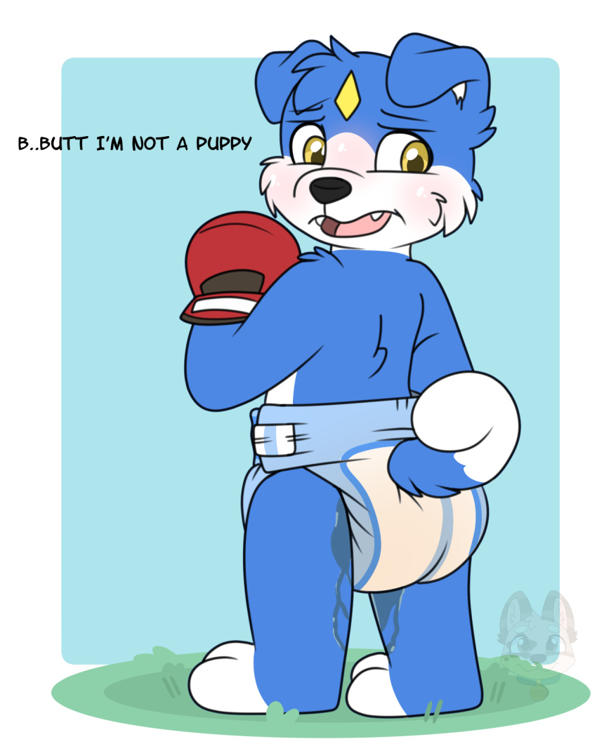 anthro astinkypuppy bandai_namco blush bodily_fluids dia[er diaper diaper_change digimon digimon_(species) gaomon genital_fluids hi_res invalid_tag kibacpup leaking_diaper male solo urine wet_diaper wetting wetting_diaper