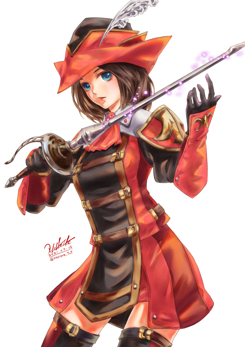 1girl 2021 adventurer_(ff11) artist_name ascot black_gloves black_headwear black_thighhighs blue_eyes brown_hair commentary_request dated feathers final_fantasy final_fantasy_xi gloves hat hat_feather highres holding holding_sword holding_weapon hume legs_apart lips long_sleeves morere open_mouth rapier red_ascot red_headwear red_lips red_mage red_thighhighs short_hair signature solo standing sword thighhighs tricorne twitter_username two-tone_headwear two-tone_legwear two-tone_thighhighs weapon white_feathers zettai_ryouiki