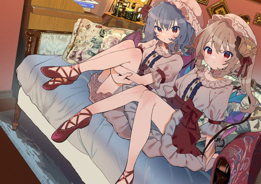 2girls blonde_hair blue_hair book book_stack bow center_frills closed_mouth commentary_request couch cushion desk_lamp dutch_angle flandre_scarlet flower frills full_body grey_headwear grey_shirt hair_flower hair_ornament hat heart heart_in_eye hugging_own_legs indoors lamp long_hair looking_at_viewer mob_cap multiple_girls on_couch puffy_short_sleeves puffy_sleeves red_bow red_eyes red_footwear red_ribbon red_skirt remilia_scarlet ribbon shirt short_sleeves siblings sisters sitting skirt symbol_in_eye tamagogayu1998 touhou