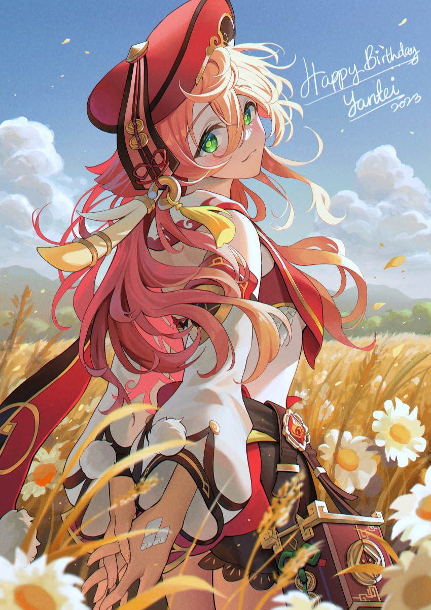 1girl :3 absurdres antlers arms_behind_back bare_shoulders black_bloomers blue_sky blush bow breasts closed_mouth cloud commentary_request cowboy_shot crop_top day detached_sleeves elocca field genshin_impact green_eyes hair_between_eyes happy_birthday hat highres horns long_hair looking_at_viewer marigold midriff miniskirt outdoors pink_hair pom_pom_(clothes) red_headwear red_skirt scales sidelocks skirt sky small_breasts smile solo standing summer vision_(genshin_impact) white_sleeves yanfei_(genshin_impact) yellow_bow