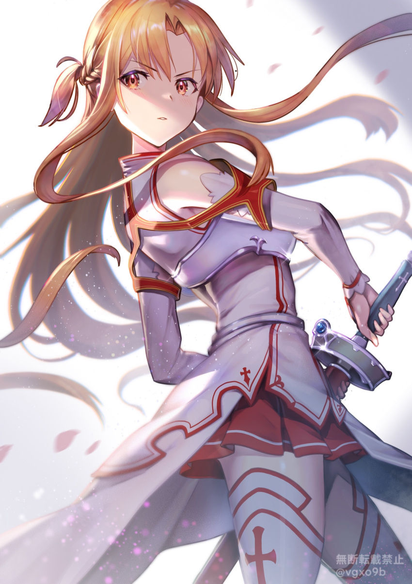 1girl armor asuna_(sao) asymmetrical_bangs braid breastplate brown_eyes brown_hair detached_sleeves dress from_side highres holding holding_sheath holding_sword holding_weapon knights_of_blood_uniform_(sao) long_hair looking_back parted_lips pleated_skirt red_skirt sheath sheathed skirt solo sword sword_art_online thighhighs twitter_username weapon white_dress yappo_(point71)