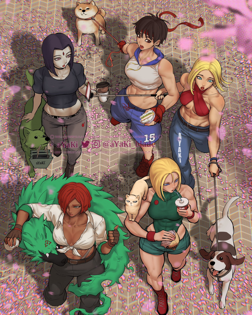 5girls 5others abs adapted_costume animal_on_shoulder animalization ayaki_d baozi beagle beast_boy_(dc) black_choker black_hair blonde_hair blue_eyes blue_mary breasts brown_hair burger cammy_white casual cat cat_on_shoulder cherry_blossoms choker coffee_cup collarbone commentary_request covered_abs criss-cross_halter crop_top cropped_hoodie crossover cup dark-skinned_female dark_skin dc_comics disposable_cup dog dog_walking english_commentary fingerless_gloves food from_above front-tie_top giovanna_(guilty_gear) gloves guilty_gear guilty_gear_strive hair_over_one_eye halterneck highres holding holding_food holding_leash hood hoodie kasugano_sakura large_breasts leash medium_breasts midriff mixed-language_commentary multiple_crossover multiple_girls multiple_others muscular muscular_female narrow_waist no_bra parted_hair raven_(dc) red_gloves red_hair rei_(guilty_gear) sandwich selfie_stick shiba_inu short_hair shorts sleeveless street_fighter street_fighter_zero_(series) teen_titans the_king_of_fighters underwear_writing walking wolf