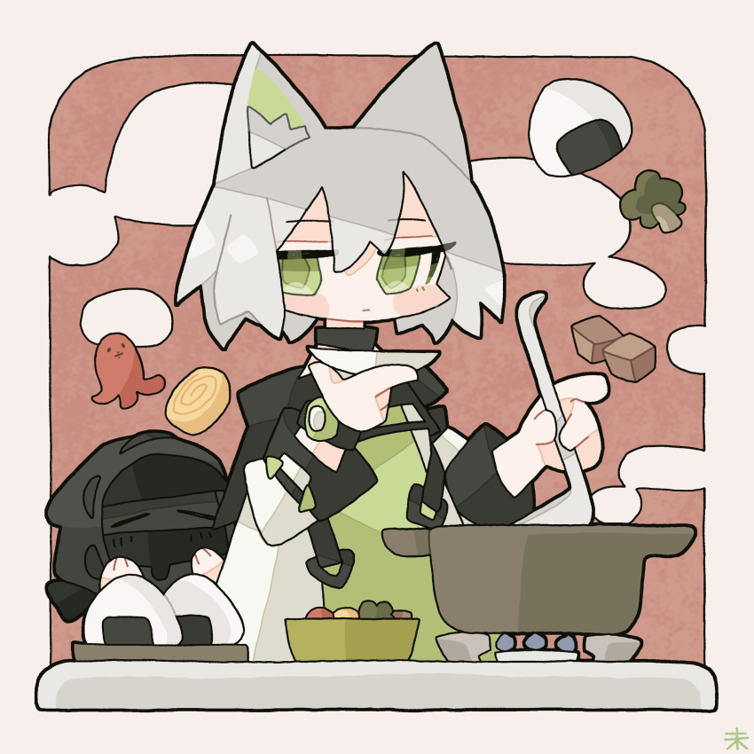 1girl 1other =_= animal animal_ear_fluff animal_ears arknights black_hood blush border bowl broccoli cat_ears cat_girl chibi commentary cooking_pot doctor_(arknights) dress excited fish food green_dress green_eyes highres holding holding_animal holding_fish holding_ladle hood jacket kal'tsit_(arknights) kdmr0402 ladle long_sleeves looking_at_viewer mask omelet onigiri sausage short_hair signature steam stove symbol-only_commentary tamagoyaki watch white_hair white_jacket wristwatch