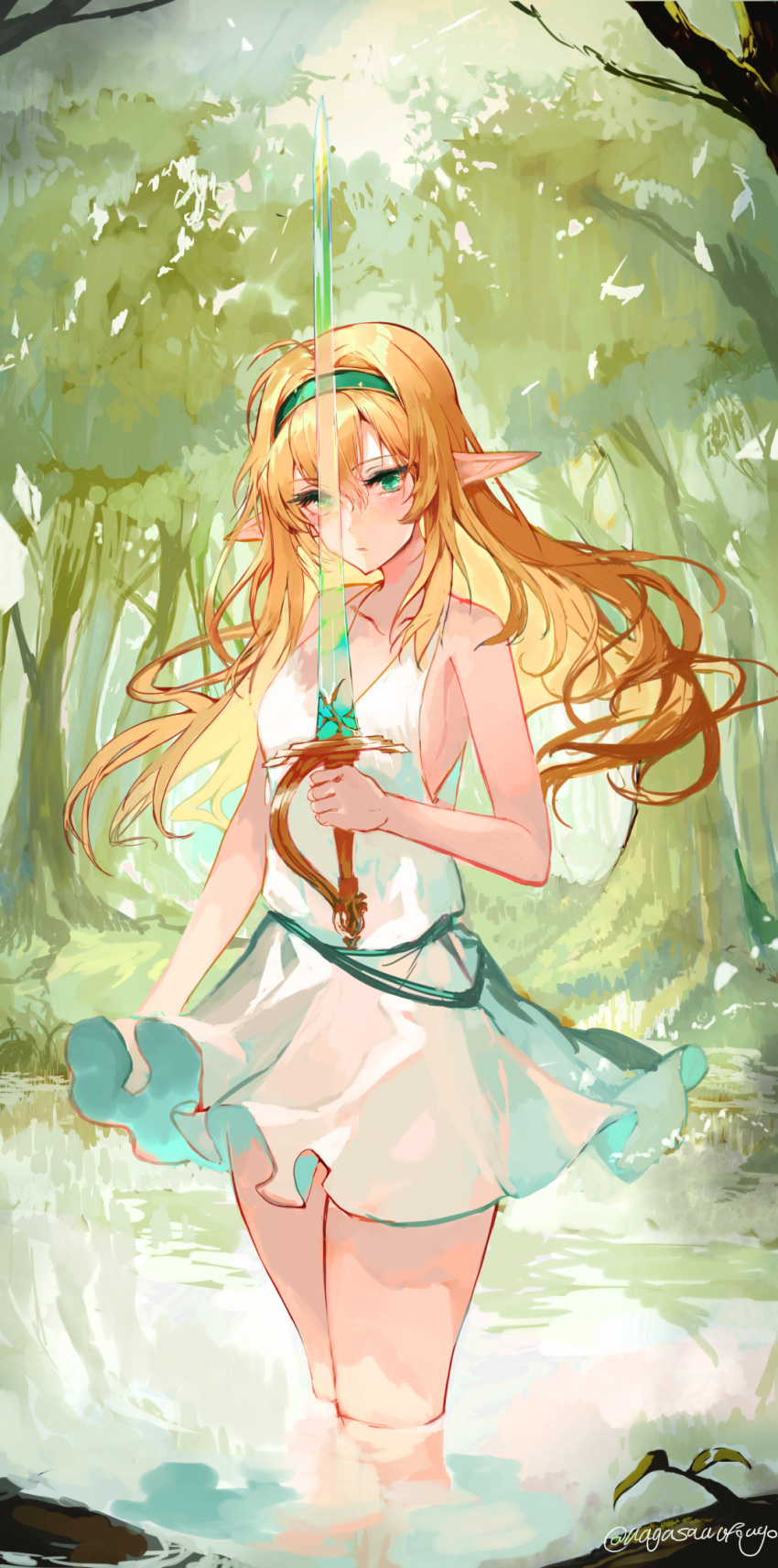 1girl artist_name blonde_hair breasts day dress elf forest green_eyes green_hairband hairband highres holding holding_sword holding_weapon long_hair nagasawa_tougo nature original outdoors pointy_ears sleeveless sleeveless_dress small_breasts solo sword transparent_weapon wading water weapon white_dress