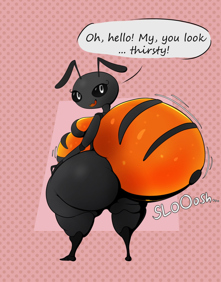 absurd_res ant antennae_(anatomy) anthro arthropod arthropod_abdomen belly big_belly big_breasts big_butt black_body black_sclera bottom_heavy breasts butt dialogue female hi_res honeypot_ant huge_butt huge_thighs hymenopteran hyper hyper_butt hyper_thighs insect looking_at_viewer motion_lines open_mouth orange_body overweight overweight_anthro overweight_female rear_view smile solo sound_effects speech_bubble standing text thick_thighs veryfilthything white_eyes