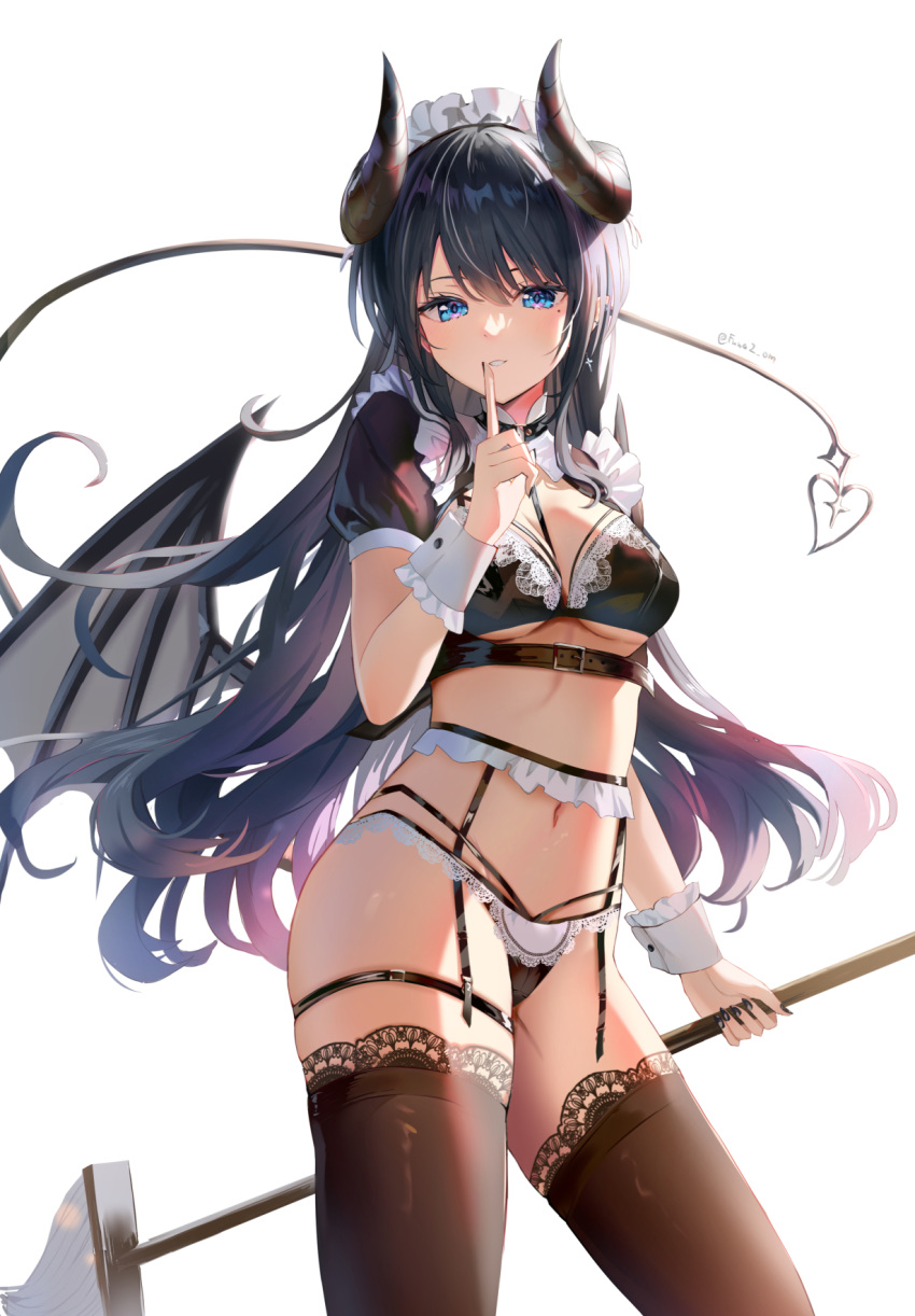 1girl belt between_breasts black_bra black_choker black_hair black_nails black_panties blue_eyes bra breasts brown_thighhighs choker cowboy_shot demon_girl demon_horns demon_tail demon_wings finger_to_mouth frills garter_belt grin highres holding holding_mop horns index_finger_raised lace-trimmed_bra lace-trimmed_panties lace-trimmed_thighhighs lace_trim long_hair looking_at_viewer maid maid_headdress medium_breasts mole mole_under_eye mop multi-strapped_panties nail_polish naughty_face navel omelet_tomato original panties revealing_clothes short_sleeves shrug_(clothing) shushing simple_background skindentation smile solo standing stomach string_panties tail tail_raised thigh_strap thighhighs thighs underboob underwear very_long_hair white_background wings wrist_cuffs
