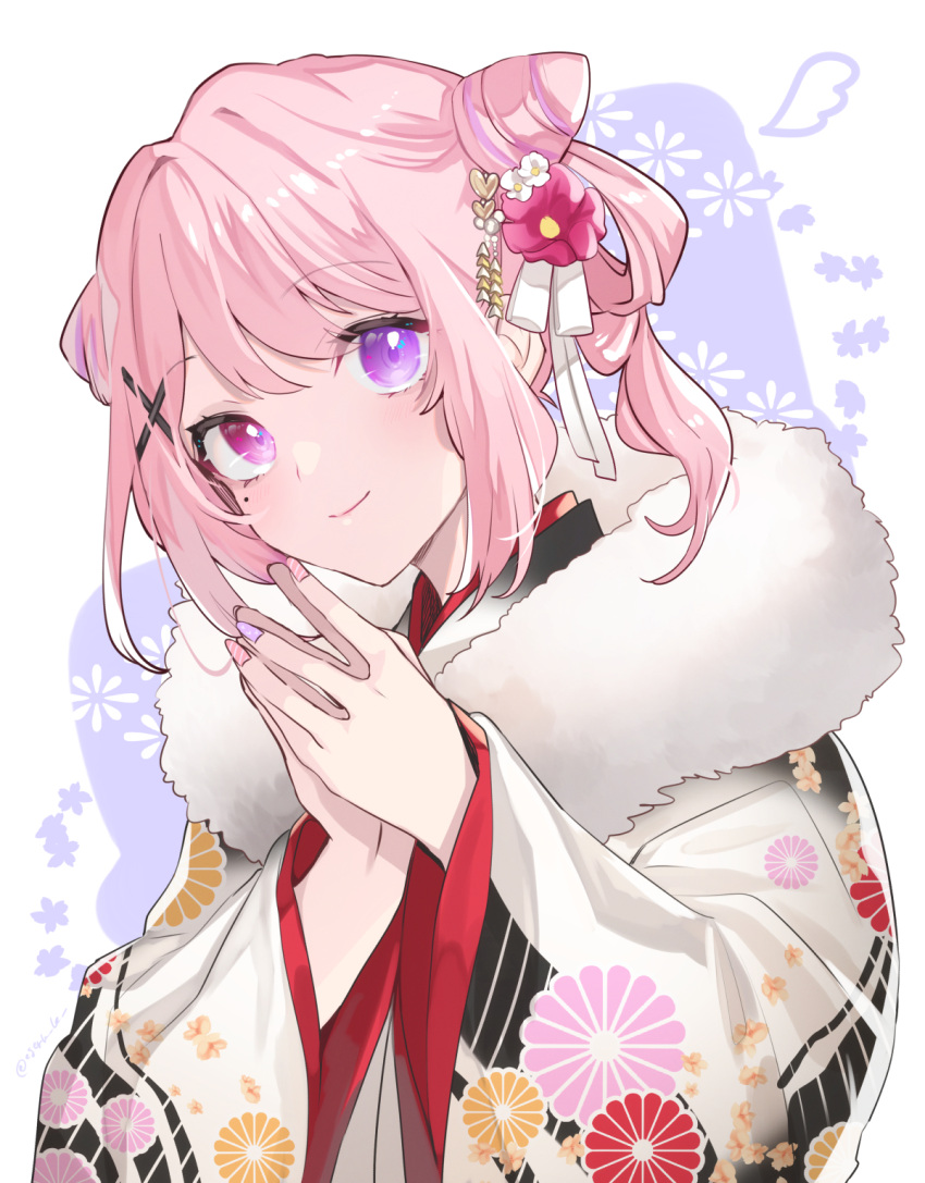 1girl amagasa_noaru cone_hair_bun fur_scarf hair_bun hair_rings heterochromia highres indie_virtual_youtuber japanese_clothes kgr kimono long_hair pink_eyes pink_hair pink_nails purple_eyes purple_nails smile solo swept_bangs