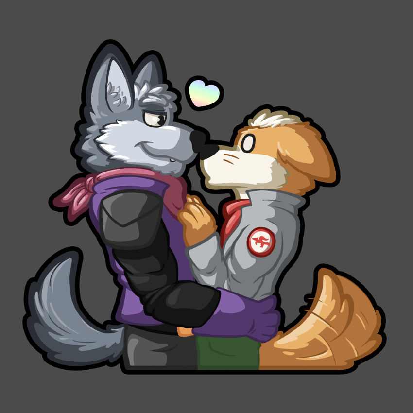 &lt;3 absurd_res animal_humanoid anthro bandanna belt belt_buckle bottomwear canid canid_humanoid canine canine_humanoid canis cel_shading clothing confident denim denim_clothing duo ears_down ears_up embrace fangs fox fox_humanoid fox_mccloud fur gloves grey_body grey_fur hair hand_on_chest handwear hi_res hug humanoid jacket jeans kerchief logo_on_topwear luhrak male male/male mammal mammal_humanoid nervous nintendo noses_touching orange_body orange_fur outline pants pivoted_ears shaded smile smirk smug star_fox suprised_look surprise surprised_face tail tail_motion tailwag teeth topwear waist_grab white_body white_eyes white_fur white_hair wolf wolf_humanoid wolf_o'donnell